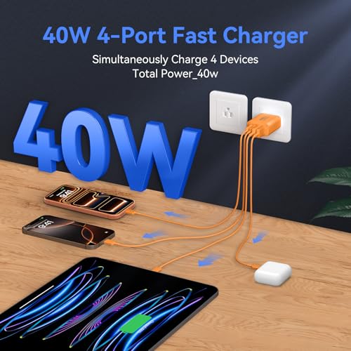 Image of USB C Wall Fast Charger Block, 40W 4-Port Type C Charger Fast Charging Blocks +QC 3.0 USB C Multiport Charger Brick for Phone 17 /16 /15 /14 /13 /12 Pro Max, Pad, Cosmic Orange