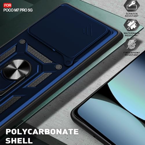Image of AESTMO Tough Armor Poco M7 Pro 5G Bumper Back Case Cover | Ring Holder & Sliding Camera Shield Cover | 360 Degree Protection Back Case Cover for Poco M7 Pro 5G (Blue)
