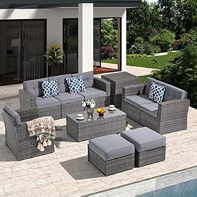 Super Patio 10 Piece Patio Furniture Set, PE Wicker Outdoor Conversation Furniture Set with Ottomans, Storage Box, Coffee Table, Cushions, Clip, Sectional Rattan Sofa for Garden, Porch, Backyard, Grey