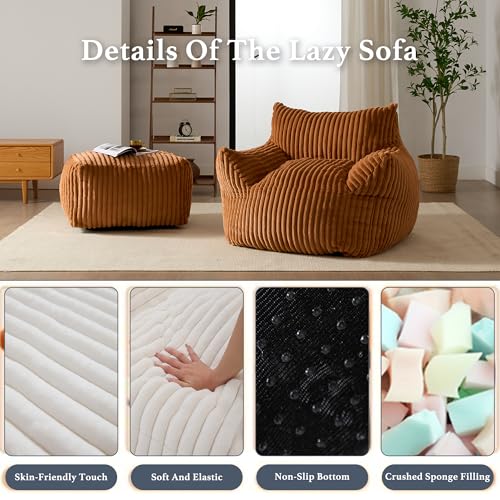 Oversized Bean Bag Chaise Lounge Chair Indoor for Adults with Armrests & Ottoman - Giant Comfy Orange Beanbag Floor Sofa Cloud Accent Chair for Reading, Gaming, Cozy Plush Cloud Mini Couch