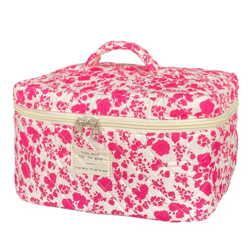 WYJ Rose Red Large Quilted Floral Makeup Bag Cute Soft Coquette Aesthetic Cosmetic Bag Cotton Travel...
