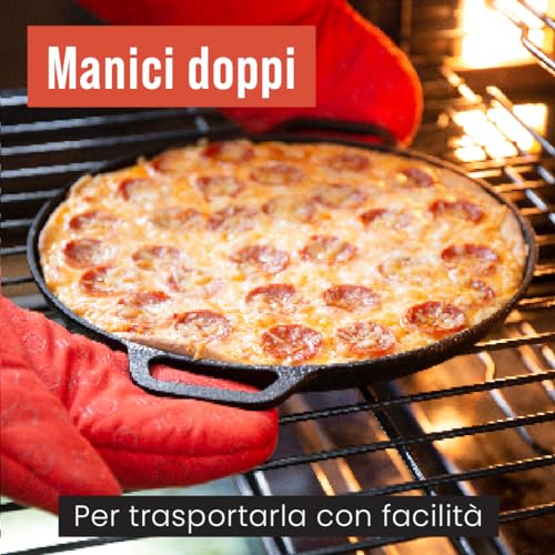 Chef Pomodoro Teglia per Pizza Rotonda in Ghisa Antiaderente da, Teglia Pizza Rotonda con Maniglie, Resiste ad Alte Temperature, Padella Pizza Adatta a Forni, Barbecue, Falò (30 cm) - immagine 5