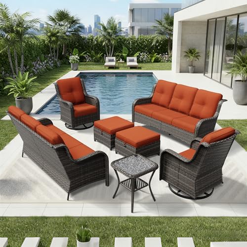 Image of Joyside 7 Piece Wicker Patio Furniture Set, Outdoor Swivel Rocker Patio Chairs with High Back, Deep Seating, Wide Armrest, Thickened Cushions, Outdoor Furniture for Deck, Porch Use