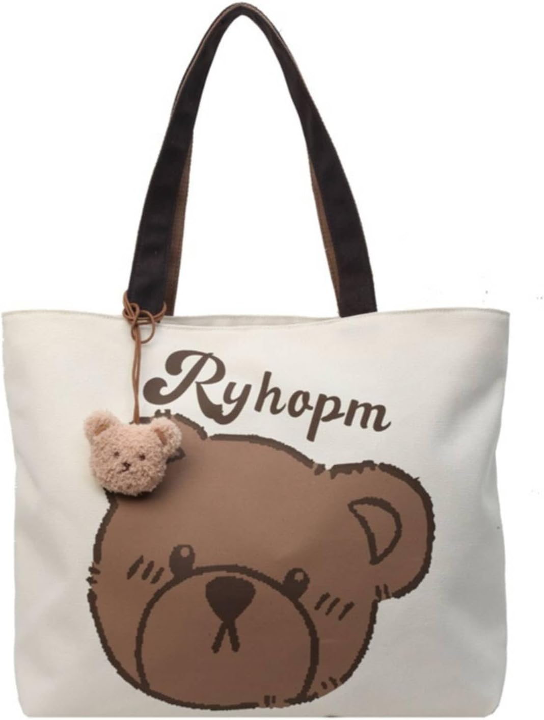 Cute Bear Canvas Tote Bag for Women, Aesthetic Reusable Grocery Bag with Zipper Closure and Inner Pocket, Durable Cotton Shoulder Bag for Shopping Travel Beach