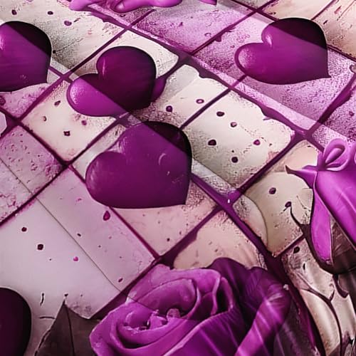 Image of AILONEN Purple Rose Comforter Set Full Size for Girls Women,Romantic Hearts Bedding Set for Bedroom Decor,3-Piece Cute Floral Quilt with 2 Pillowcases