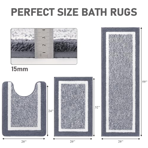 Pauwer Bathroom Rug Mat Set 3 Piece, Microfiber Shaggy Bath Set, Non-Slip Ultra Soft Carpet Mats, Absorbent with U-Shaped Toilet for Bathroom, Tub, Shower, Dark Grey