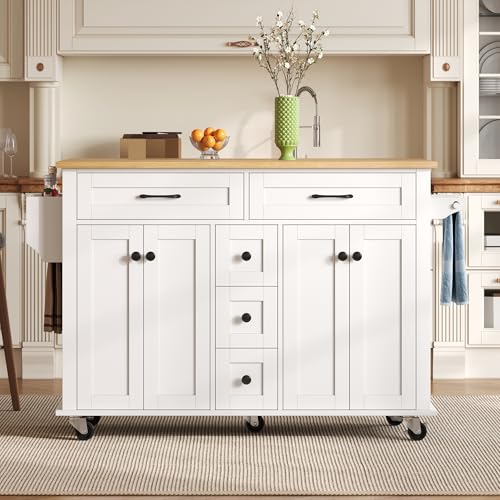 Merax Isla de cocina con encimera plegable, carrito de cocina móvil con 4 puertas, 5 cajones, estantes para toallas en el lateral, 140 x 40 (65) x 89 cm (largo x ancho x alto). Color blanco