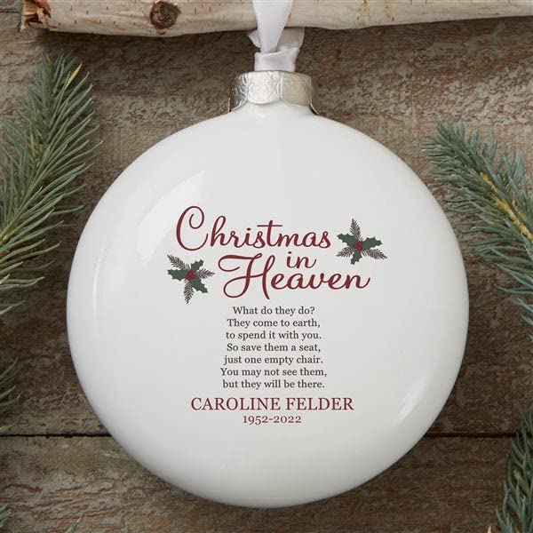Personalization Universe Christmas in Heaven Personalized Premium Memorial Ornament - Porcelain, 3-D Disc Shape, Indoor Only, Satin Hanger, Bow, 4