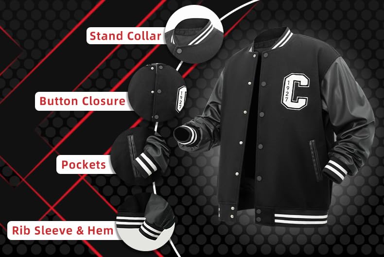 Men's Varsity Jackets 'C' Embroidery Baseball Bomber Jacket Unisex Vintage Letterman Wool and Faux Leather Coat4