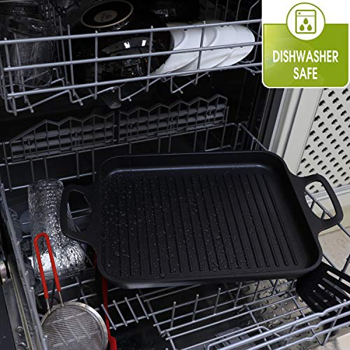 S·KITCHN Grill Pan Griddle Grill with Dual handles, Stove Top Grill Induction Griddle, Square Indoor Grilling Pan