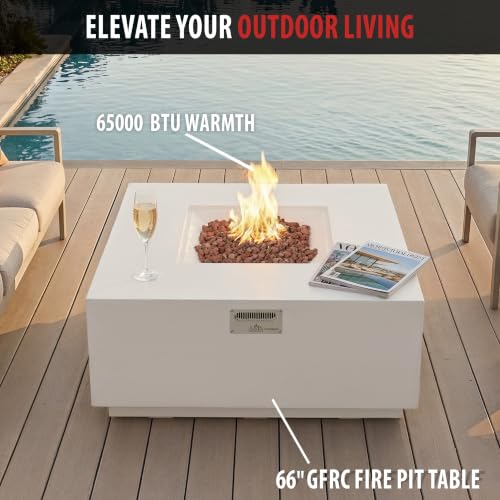Image of AMS 48 inch Square Concrete GFRC Propane Gas Fire Pit Table (Cream White)