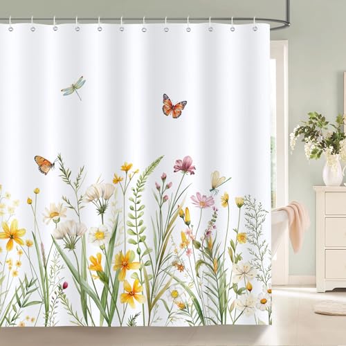 Bonhause Rideau de Douche Printemps Coloré Floral Papillon Rideau de Bain Tissu Polyester Anti...