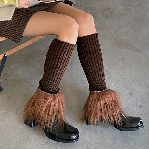 Image of Suxgumoe Women's Leg Warmers, Y2K Knit Knee High Socks, Faux Fur Fuzzy Long Winter Boot Cuffs Cover