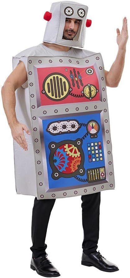 Fun Adult Robot Costume Halloween Robot Cosplay Role Play Sponge Jumpsuit with Hat for Carnival Masquerade Performance Party