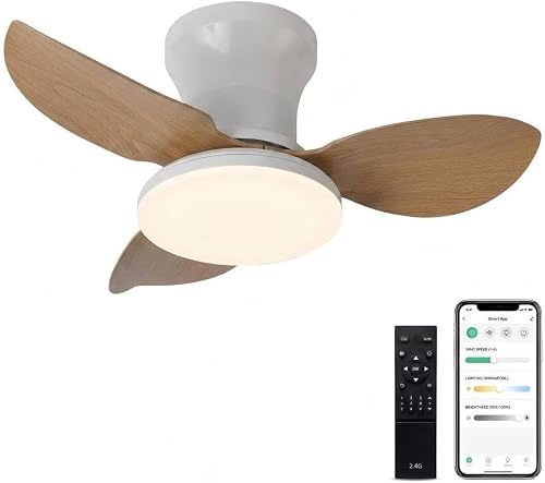 Genérico Ventilador de Techo Inteligente 63cm Madera con Luz Regulable, App/Mando, 3 Aspas Reversibles, Motor Silencioso Empotrado para Dormitorio, Bajo Consumo 220V (Color madera clara)