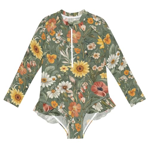 Diverse Floral Assemblage Green Long Sleeve Swimsuits Sun Protection Swimwear Toddler Bathing Suit