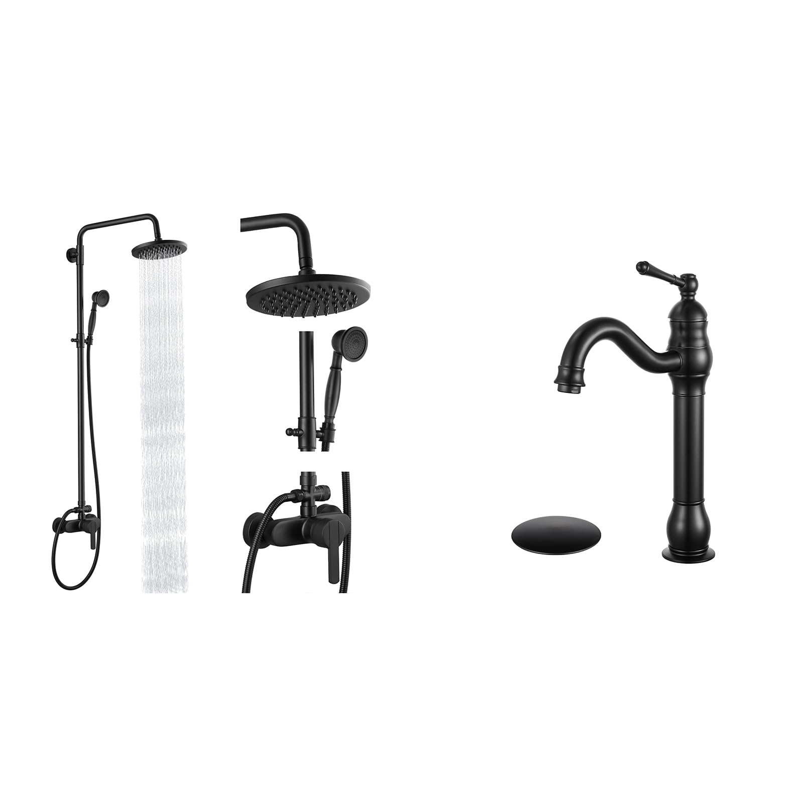 Hcfyauis Black Matte Exposed Pipe Shower System 8 Inch Rainfall Shower Head Brass Fixture With Vessel Sink Faucet Matte Washingroom 360 Degree And Drain