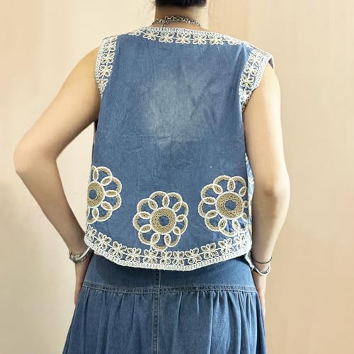 Mxiqqpltky Embroidered Denim Vest Tops Women Y2k Sleevelss Button Down Open Front Floral Boho Tank Top Cropped Waistcoat2