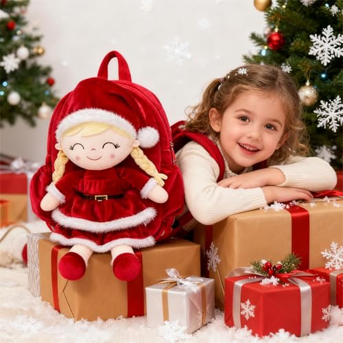 Image of Gloveleya Plush Backpacks Toddler Backpack Removable Doll and Backpack Christmas Gifts Baby Girl Gift For 2 to 8 Years Girl Birthday Gifts With Red Doll