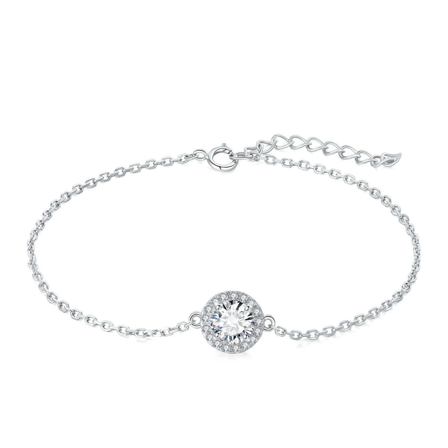 JewelryPalace Halo Ajustable Pulsera Mujer Plata Oro 14k Oro Rosa, Pulsera Niña Moissanita Corte Redonda, Brazalete Mujer Elegante Plata de Ley 925, Regalo Pulsera Piedras Conjunto Joyas Mujer