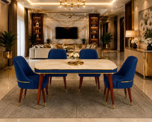 Image of WOODEN SPACE Majestic 4 Seater Wooden Dining Table Set | Urban Marble Top Dining Table with Chairs for Dining Room & Kitchen (Navy Blue Modern Grand Aura) (54 x 36 x 30 inch)