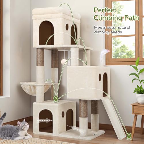 Image of Globlazer Heavy Duty Cat Tree for Indoor Cats Large Adult, F52B, Beige | 3 Condos, Extra-Large Baseboard, Removable Top Perch, 4 Sisal Posts & Board, Hanging Basket, Anti-Topple Strap, Easy Setup
