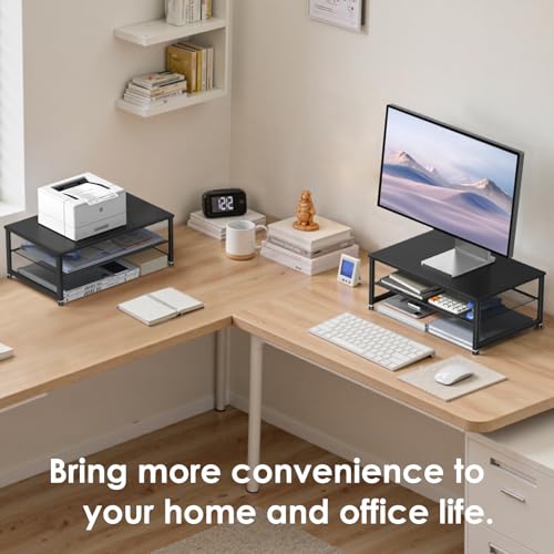 Image of ECOLOVI 2-Tier Computer Monitor Stand Riser, Printer & Laptop Stand, Office Desk Accessories, Workspace Desk Organizer for Home Office Supplies, Black