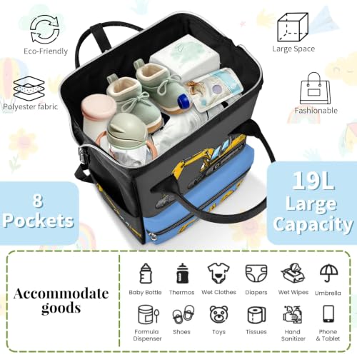 Image of Customized Diaper-Backpack Waterproof Nappy-Bag Baby-Gift Excavator | Monogram Baby Nappy Bag for Traveling Stroller Organizer Mommy Bag for New Parents Mom Dad Personalized Baby Shower Gifts