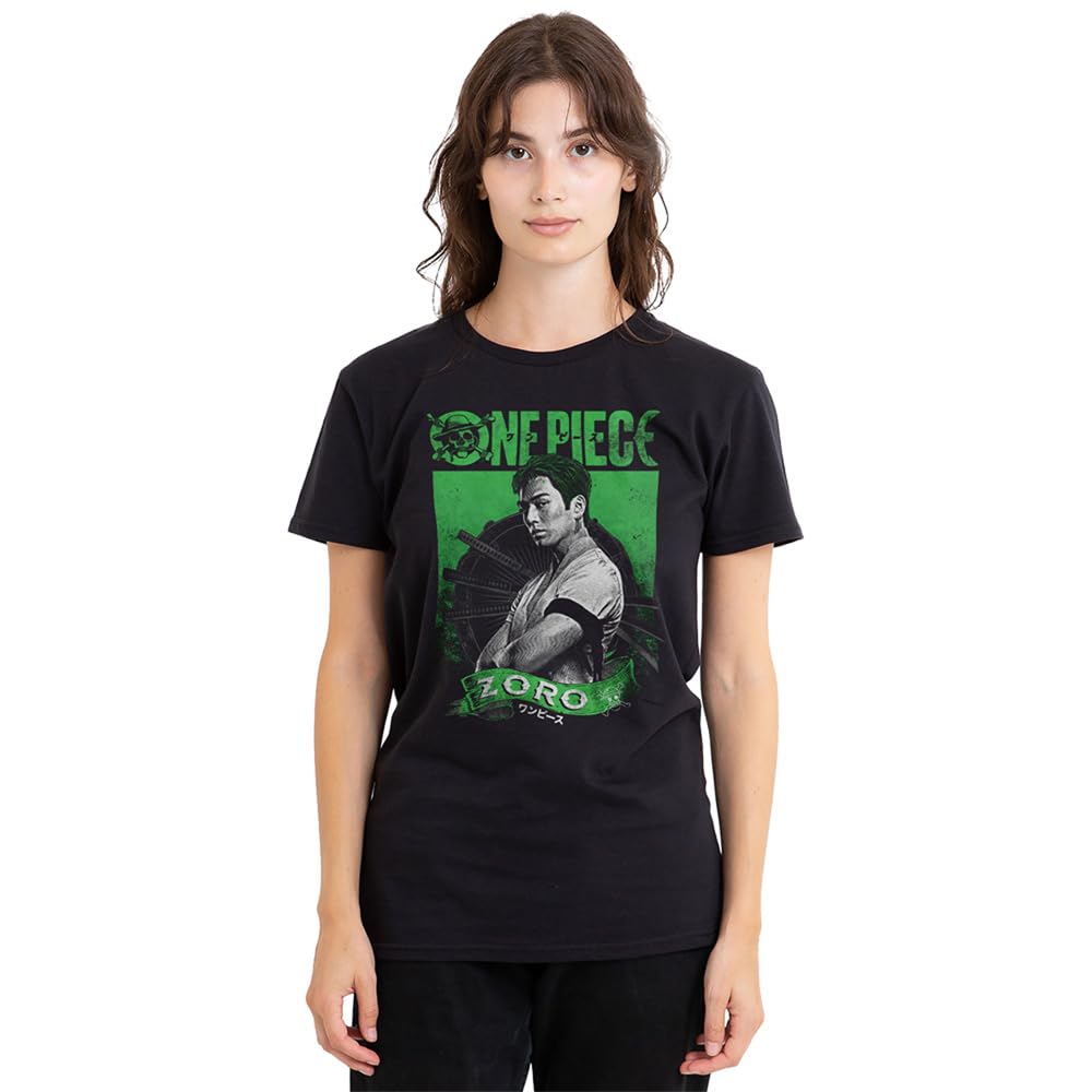 One Piece Women's (Netflix) Zoro Etched Portrait Ladies T Shirt, Black, M