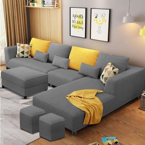 Image of Casaliving Minta 8 Seater L Shape Sofa Set with Ottoman & 2 Puffy for Living Room (8 Seater RHS, Dark Grey)