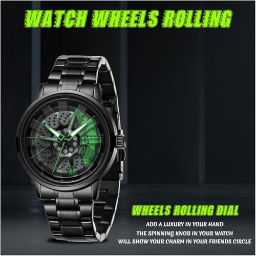 Image of V2A Velocity Wheel Rolling Series Men's Analog Watch Open Dial Watch - Car Wheel-Inspired Design, Hollow Out Elegance Casual Watch for Men | Gift for Men (Black-Green)