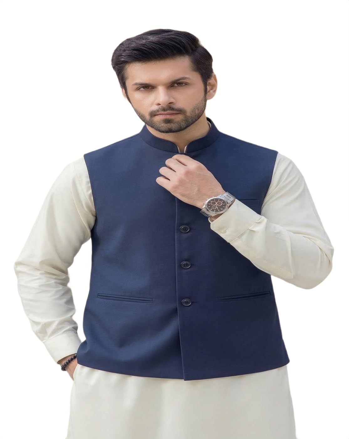 maykr Men's Premium Navy Blue Cotton Silk Nehru Jacket | Traditional Indian Ethnic Modi Jacket Waistcoat for Weddings, Festivals & Formal Events | Slim Fit Sleeveless Bundi-picture-26