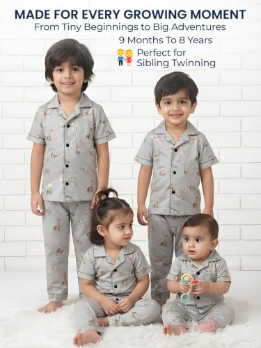 Image of POLKA TOTS 100% Pure Cotton Half Sleeve Night Suit for Kids, Girls & Boys | Cotton Pyjama Set | Unisex Night Dress for Children | Night Suit for Girls |Sleepwear for Kids | Winter Night Dress for Boys