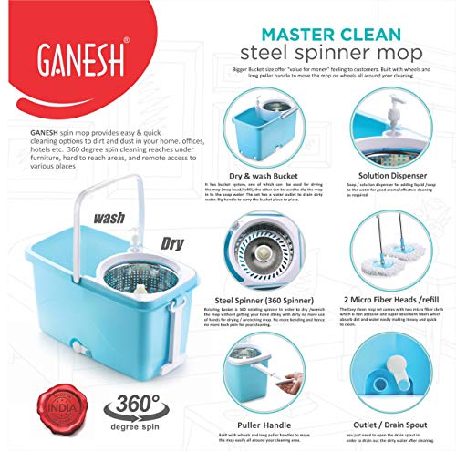 Ganesh Master Steel Quick Spin Mop, Rectangular Plastic Bucket Floor Cleaning Mop with Bucket, Easy in-Built Wheels & Big Bucket, Pocha for Floor Cleaning, Mopping Set (Blue) (Image - 3)