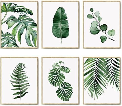 HoozGee Botanical Wall Art Prints Set of 6 Tropical Leaves Canvas Decor Plant Leaf Boho Wall Decor Pictures Green Boho Posters Art Set Bathroom Wall Art Decor (11"x14" UNFRAMED)