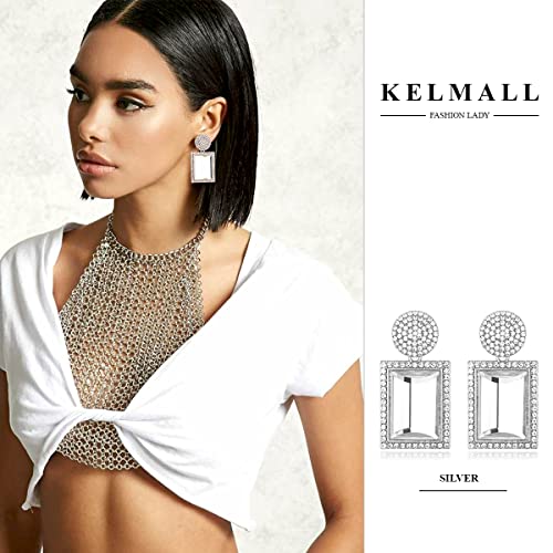 Rhinestone Crystal Rectangle Dangle Earrings, Glass Geometric Statement Earrings For Women Kelmall Collection #TOP1