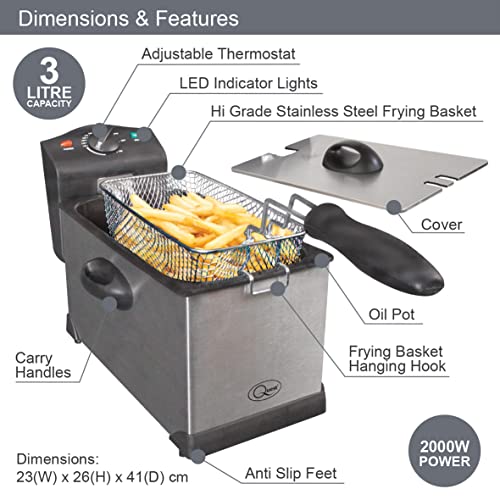 Quest 3 Litre Deep Fat Fryer, Stainless Steel Fryer for Chicken, Chips & More, Serves 2-4, Lid Cover with Window, Dishwasher Safe Removable Oil Container, 2000W (35140) - Image 3