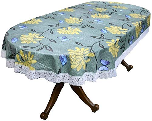 KARTIKEY 6 Seater Flowers Printed Dining Table Cover Cloth Size 54×78 inches Green Color with White Lace – Oval Shape