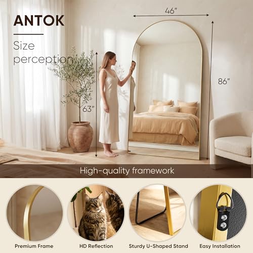 Image of Antok 86 inch x46 inch Arched Full Length Floor Mirror, Gold Aluminum Frame, Free Standing /Wall Mount /Leaning for Bedroom, Living Room, Dressing Room