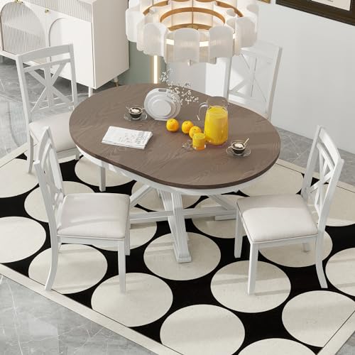 Image of 5-Piece Extendable Dining Set, Retro Kitchen Table for 4 6 People with Removable Middle Leaf and 4 Upholstered Chairs, Round Dining Table for Kitchen, Dining Room, White Brown
