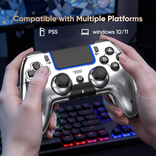 Image of BETMI Wireless Controller for PS5, Pro /Slim /MAC /PC, Metallic Silver | Gamepad with Macro /Turbo Function, Dual Vibration, Hall Effect Joysticks, 6-Axis Gaming Controller with Speaker, 3.5mm Jack