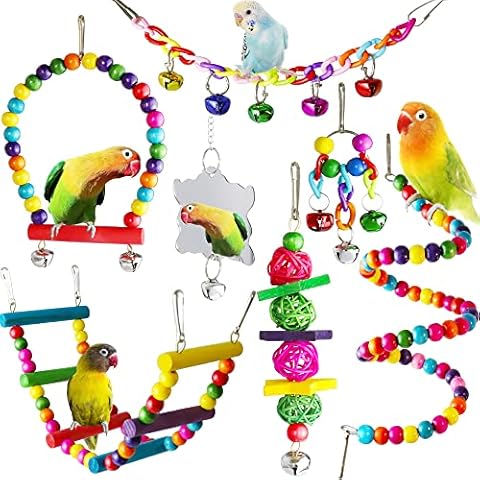 Bird Parakeet Cockatiel Toys, ESRISE Natural Wood Hanging Bell Pet Bird Cage Hammock Swing Climbing Ladders Wooden Perch Mirror Chewing Toy for Budgerigar, Conures, Love Birds Cover