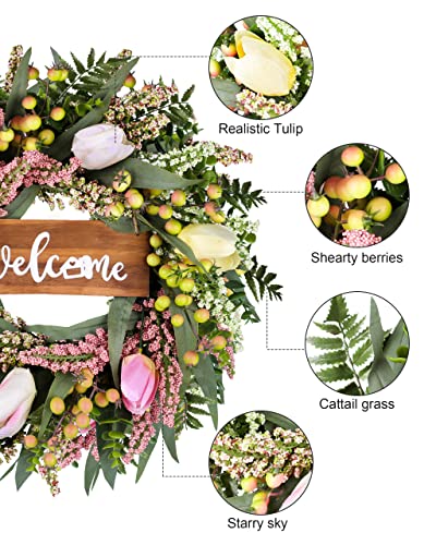 Wreaths Wish Green Tulips Wreaths, 19 Inch Artificial Spring Summer Greenery Wreaths For Front Door Decor Boxwood With Big Berries For Farmhouse Outside Year Round - Indoor/Outdoor #TOP2