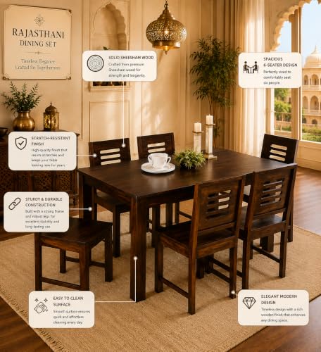 Image of Sheesham Wood Dining Table Dining Room Furniture Wooden Dinner Table for Living Room Home and Restaurant (6 Seater, Walnut Finish)