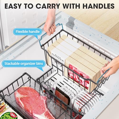 Image of SUNALLY Freezer Organizer Bins, 4 Pack Stackable Chest Freezer Organizer for 5-7 Cu.FT Deep Freezer Sort Frozen Meats and Food, Freezer Storage Baskets with Handles Easy Reach from Bottom, Black