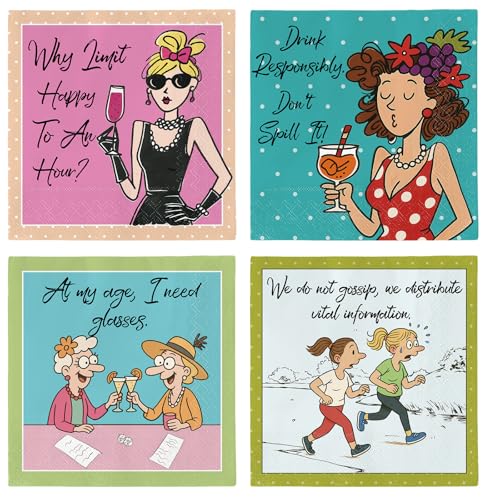 Colarr 100 Pcs Funny Cocktail Napkins Happy Hour Dont Spill It Napkins Vital Information Table Paper 4 Style 5 Inch Vintage Square Paper for Adult Gifts Tea Party Holiday Decorative