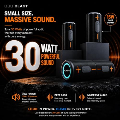 Image of ModishOmbre Duo Blast 30 W High-Output TWS Bluetooth Speaker | 2.0 DSP Tuned Audio | Dual 15W Dynamic Drivers | 10H Playtime | IPX5 Water Proof | TWS Stereo Pairing | TF /Aux Support | Built-in Mic