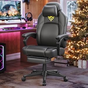 SONGMICS HOME Gaming-Stuhl, ergonomischer Computerstuhl mit Fußstütze, Bürostuhl, Drehstuhl mit Kopfkissen, PU, höhenverstellbar, tintenschwarz OBG072B01