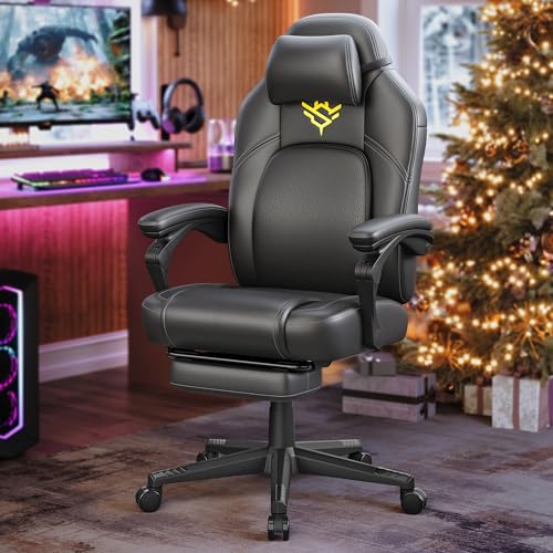 SONGMICS HOME Gaming-Stuhl, ergonomischer Computerstuhl mit Fußstütze, Bürostuhl, Drehstuhl mit Kopfkissen, PU, höhenverstellbar, tintenschwarz OBG072B01