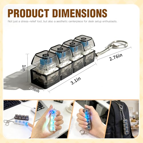 2 Pack Keyboard Fidget Keychain with Colorful LED Lights, 4-in-1 Stress Clicker Toy, Keyboard Button for Anxiety Relief,Decompression Toy for Adults ((Black+White) Transparent) - Image 7